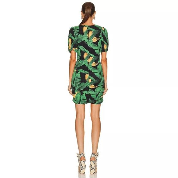 New Ganni Ruched Floral-Print Stretch-Jersey Green Mini Dress -  Sz 4 - Picture 2 of 9
